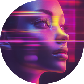 Profile of woman with purple and pink glitch effect in a circle with bottom right corner squared