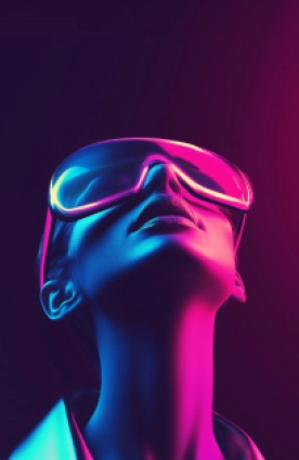 Person wearing neon glasses with purple and pink lighting on face