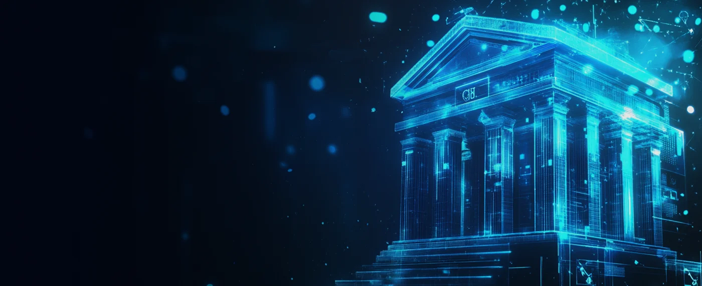Digital blue wireframe of a classical bank building, symbolizing technology in banking and finance