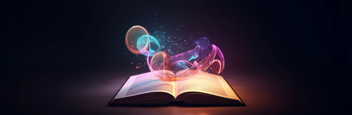 Open book with colorful abstract shapes and light emerging from its pages.