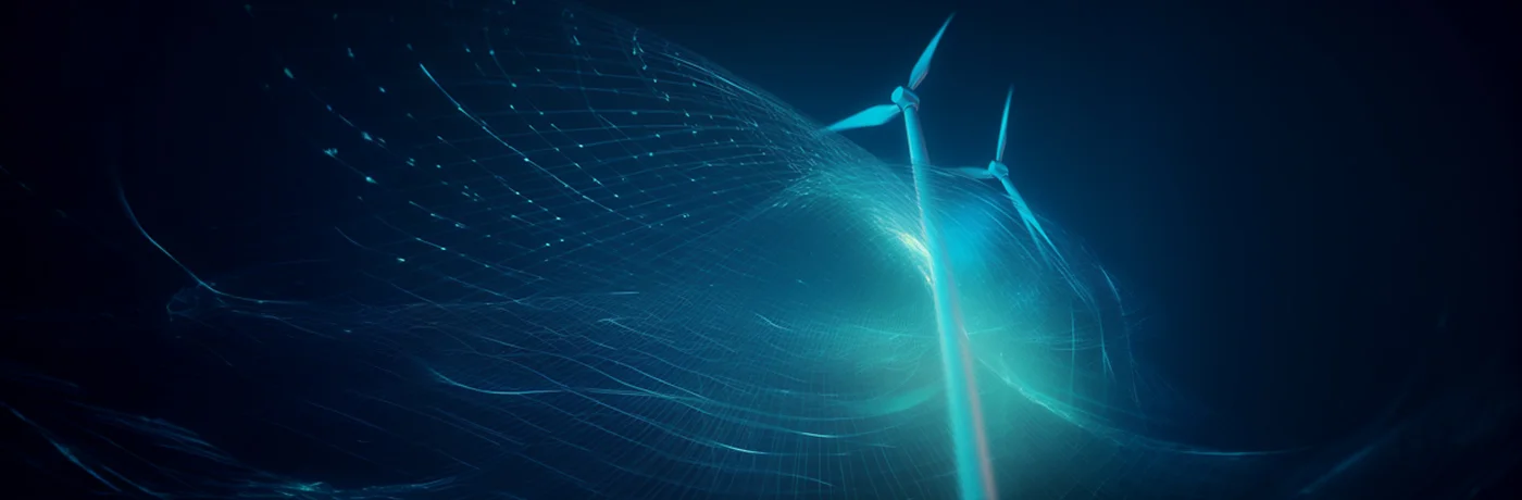 Wind turbines with digital blue energy waves on a dark background.
