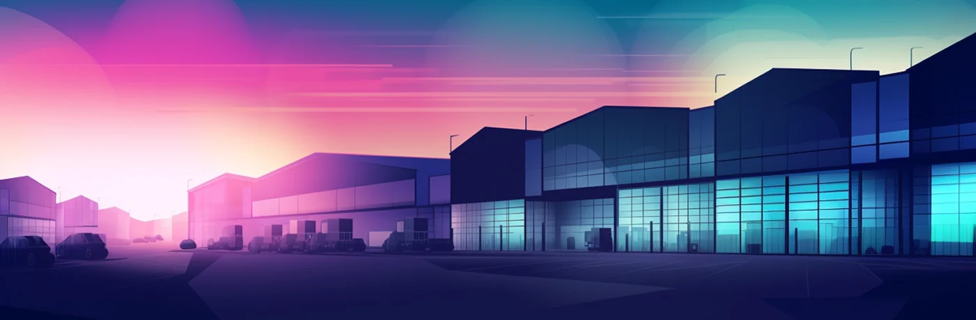 Modern industrial warehouse buildings at dusk with colorful lighting.