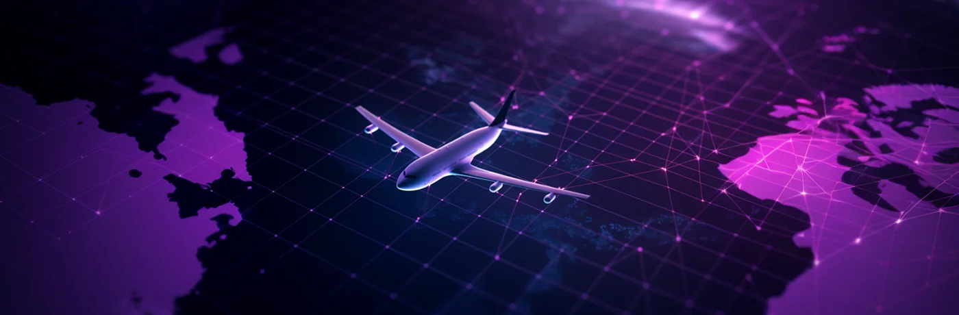 Airplane flying over a digital map with purple network connections.