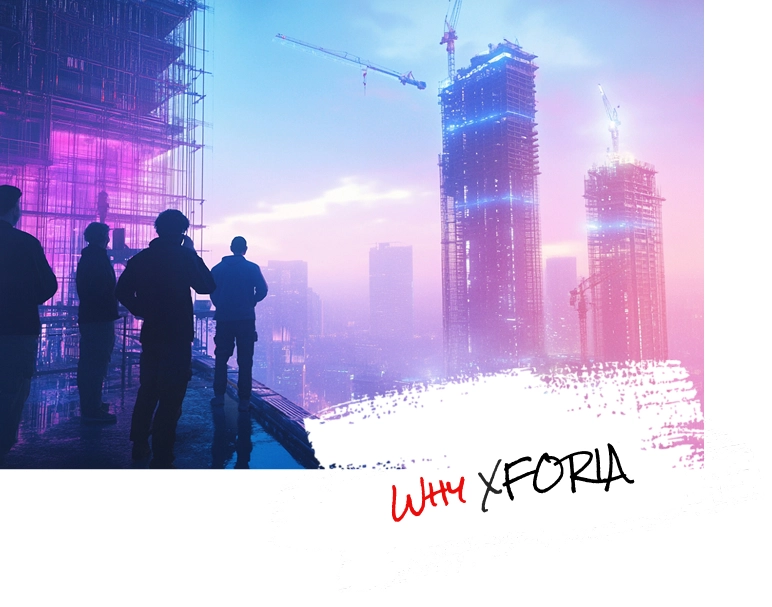 Silhouettes of people standing on a rooftop in front of a construction site with cranes during sunset